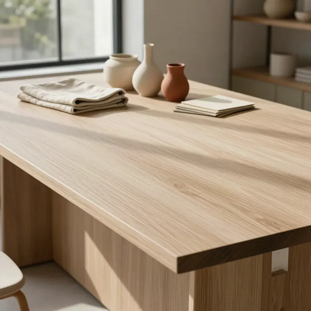 Tavolo in legno chiaro vicino a finestra, con lino e ceramiche sfocate, luce calda