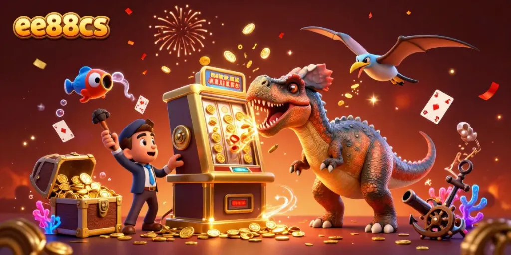 Experience the thrill of winning at ee88cs with a whimsical 3D casino scene bursting with excitement.