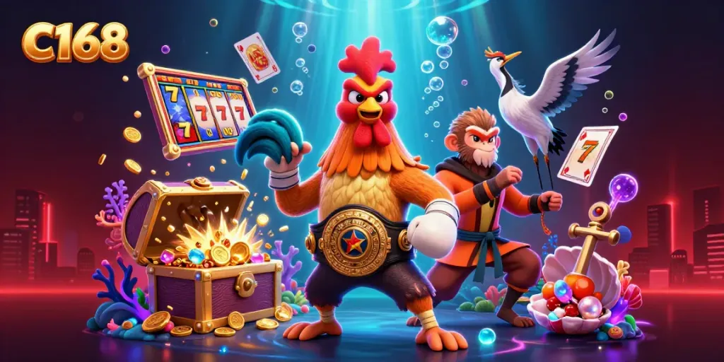 C168 slots come alive with Muay Thai rooster and mystical monkey in vibrant underwater scene.