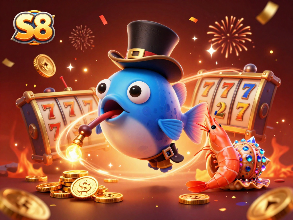 S8 features a glowing anglerfish attracting golden coins amidst lively slot reels and festive decorations, enhancing the gaming experience.
