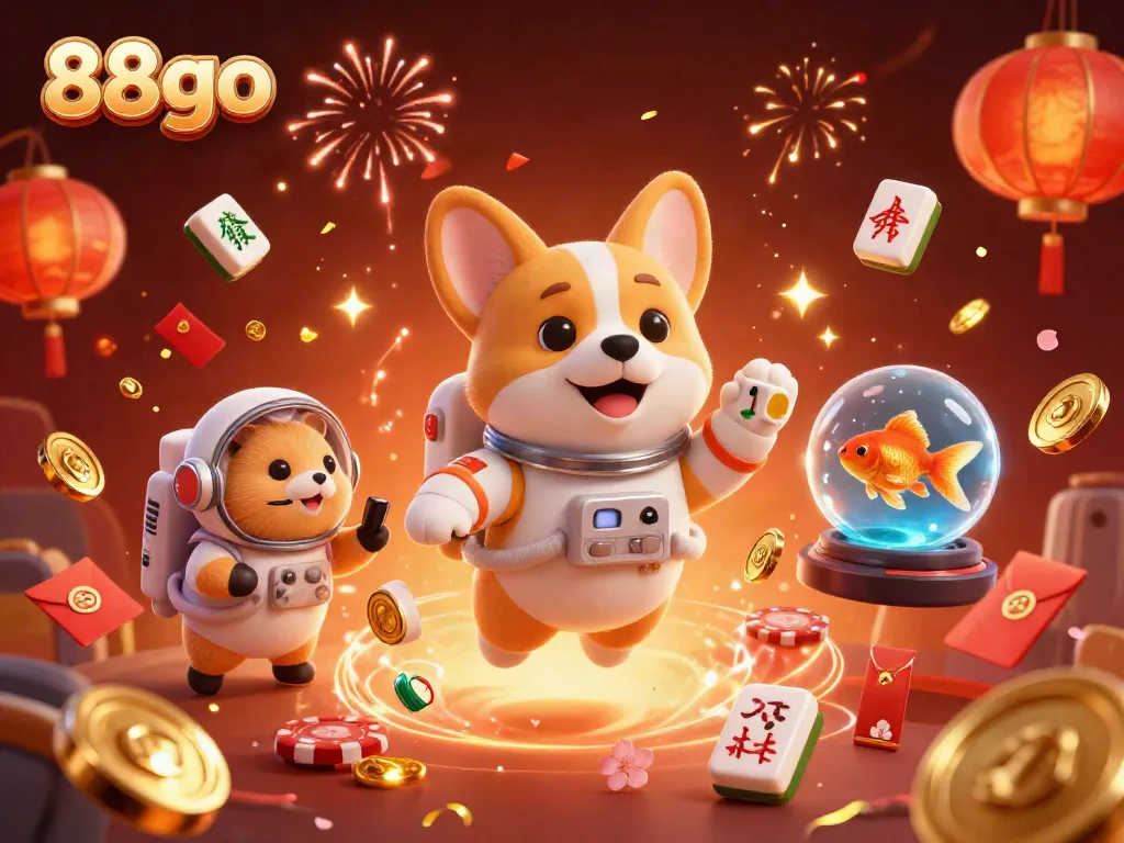 Experience thrilling moments at 88go with a floating corgi and festive casino elements