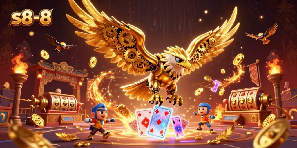 Experience the excitement of s8-8 with a cybernetic eagle soaring through a vibrant casino atmosphere.