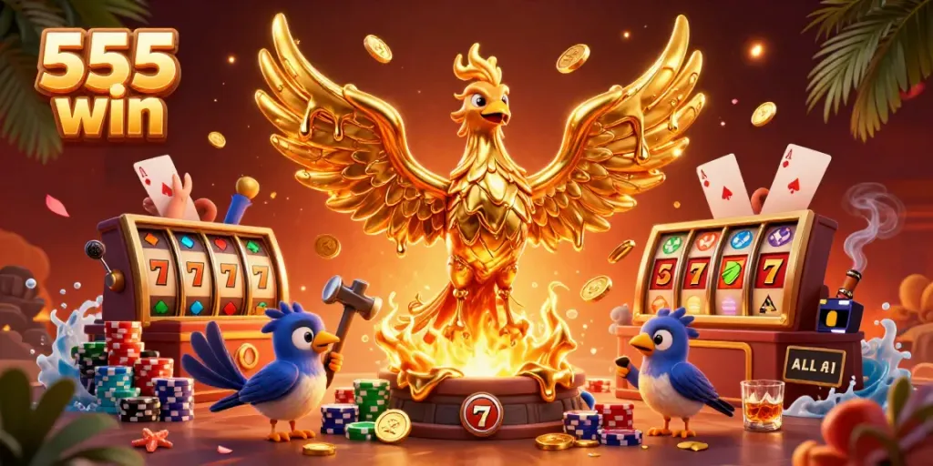 Experience the thrill of 555 win with a vibrant phoenix symbolizing luck and fortune in a dynamic casino setting.