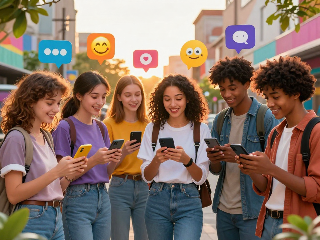 Dynamic scene illustrating spicy chat ai with diverse friends engaged in lively conversations on smartphones in an urban backdrop.