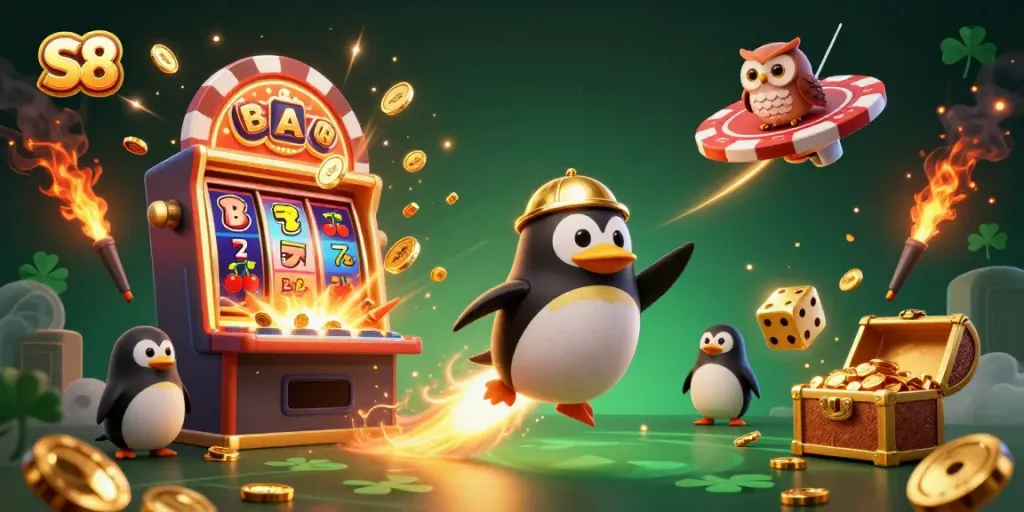 S8 casino scene with a golden penguin launching to a poker chip station surrounded by dazzling game symbols.