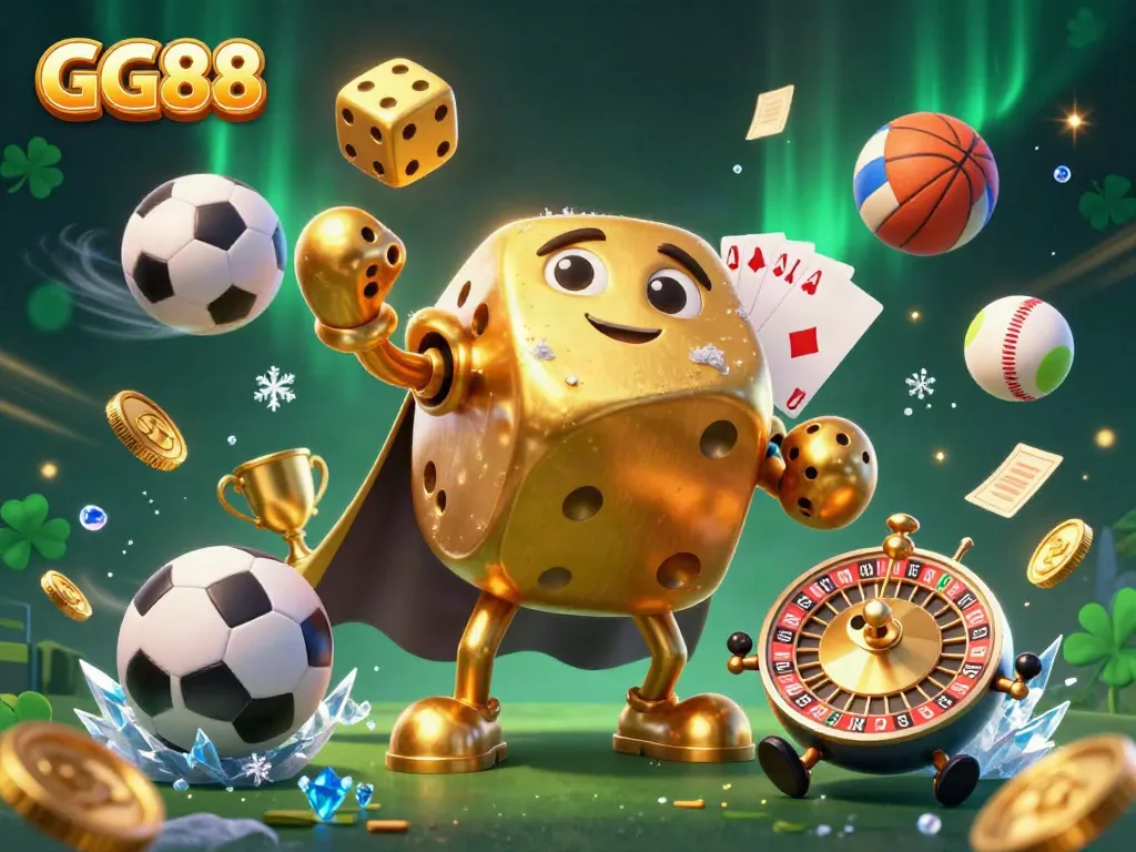 Experience excitement at GG88 with golden dice characters, sports elements, and vibrant colors.