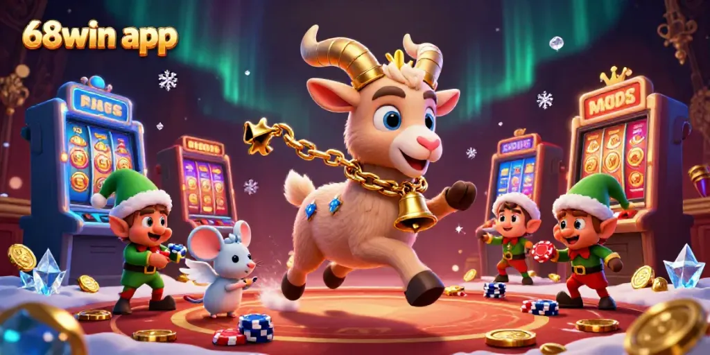 Experience the excitement of the 68win app in a vibrant casino setting, featuring animated characters and dynamic slot machines.