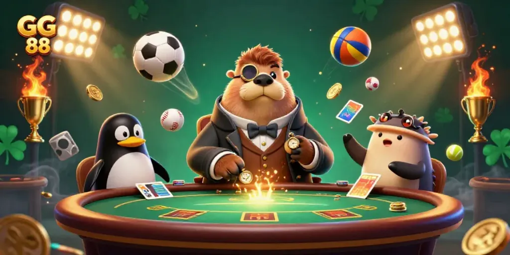 Engaging scene featuring GG 88 with a walrus and penguin at an underwater poker table, showcasing vibrant casino action.