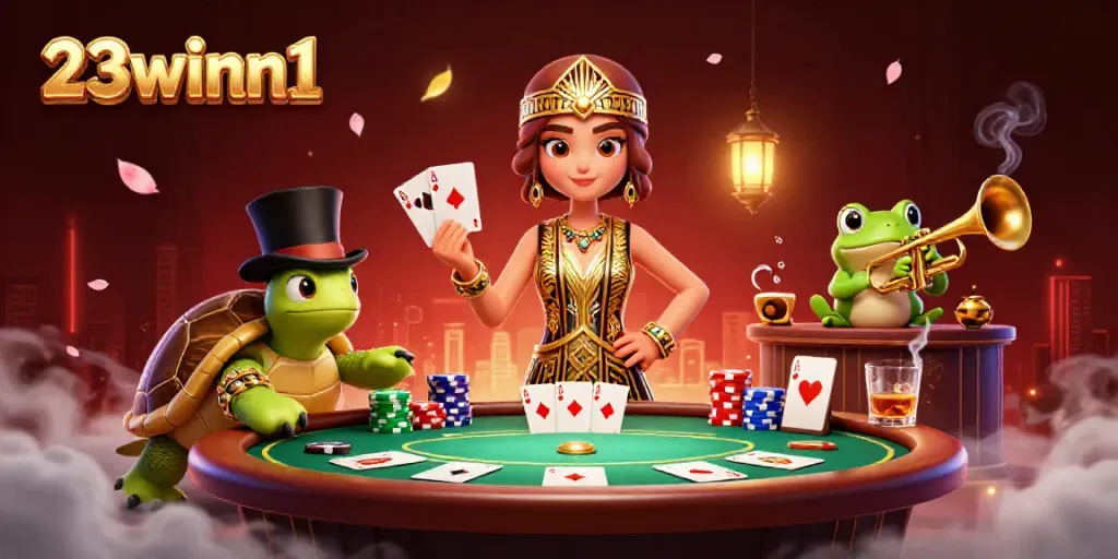 Engage with 23winn1 in a vibrant speakeasy scene filled with poker action and lively characters.