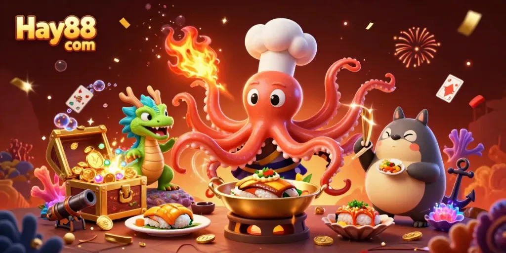 Experience winning moments at Hay88 com with a vibrant 3D casino illustration featuring an octopus chef and playful dragon.