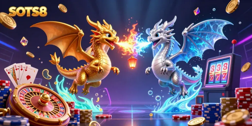 Experience the thrill with SLOTS8 as golden and silver dragons breathe fire and ice among dazzling casino elements.