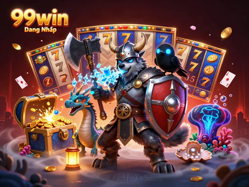 Engage with thrilling action in 99win Đăng Nhập featuring a Viking wolf warrior and dragon in a vibrant casino scene.