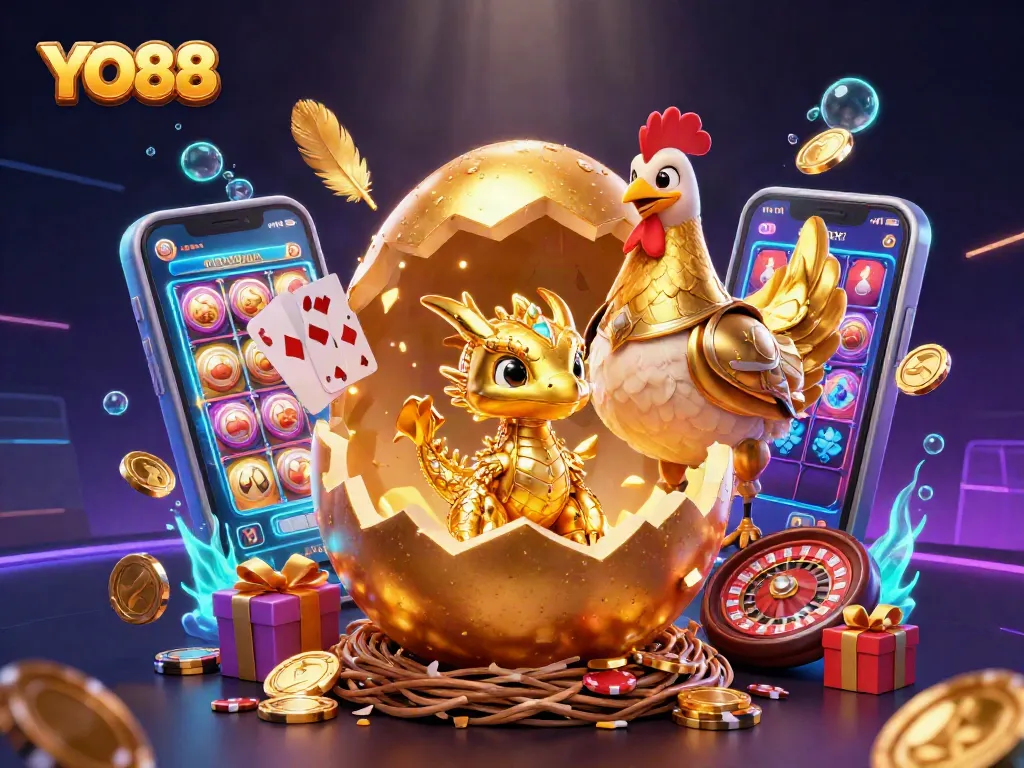 Unleash winning strategies at YO88 with a dazzling 3D illustration of a golden dragon among casino elements.
