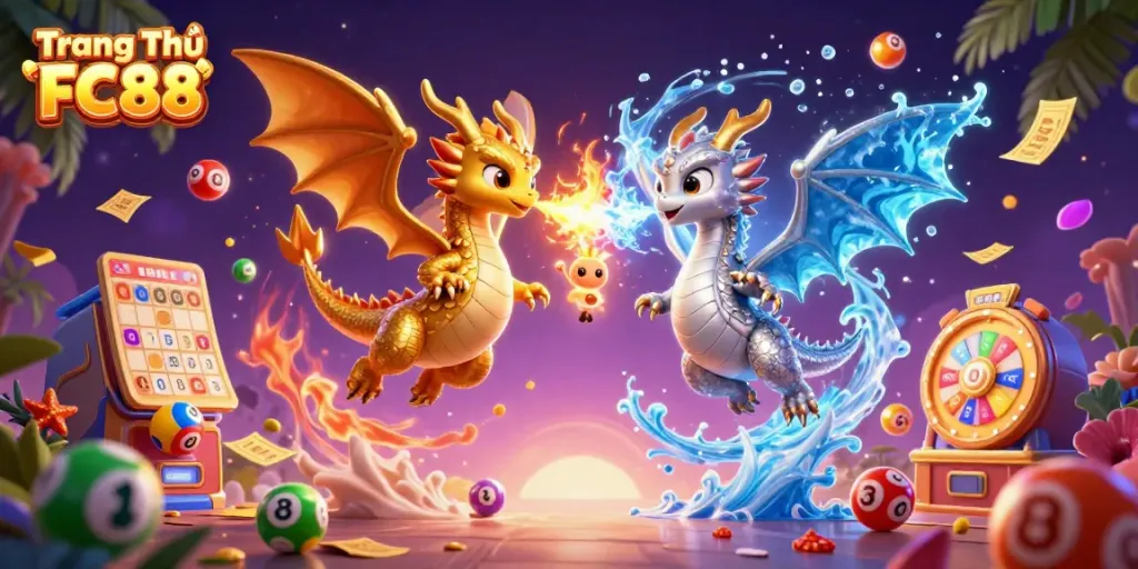 Experience the excitement of Trang Chủ FC88 with fire and ice dragons amidst vibrant casino elements!