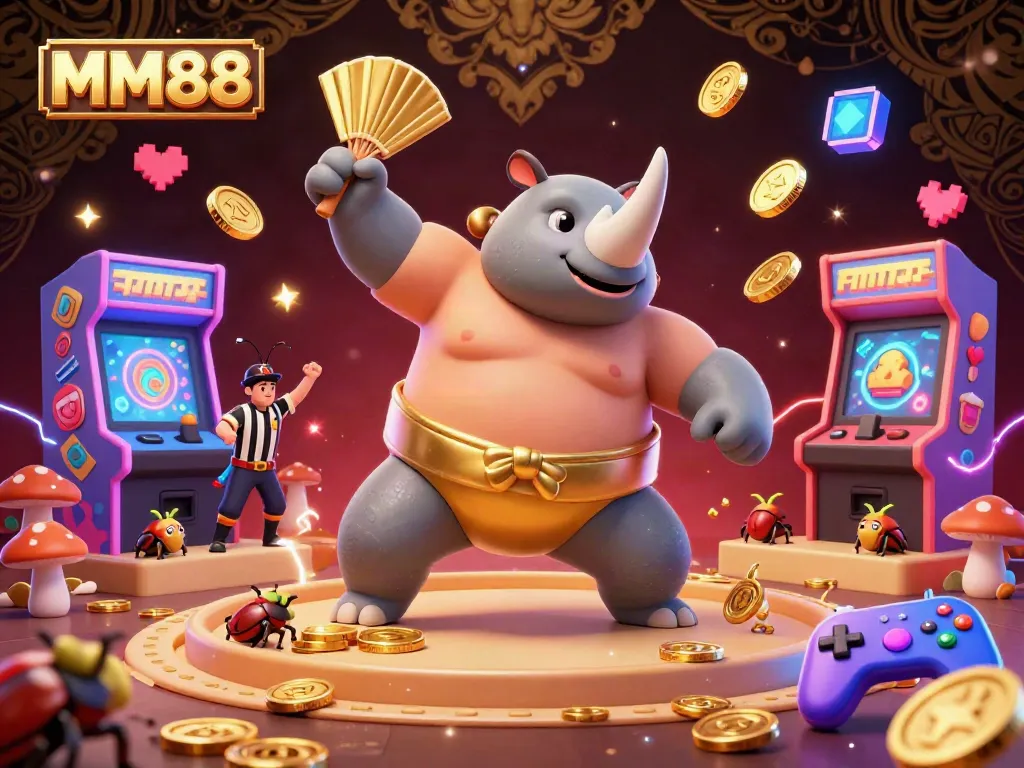 Experience the excitement of MM88 with the rhinoceros beetle champion in a casino-themed 3D illustration.