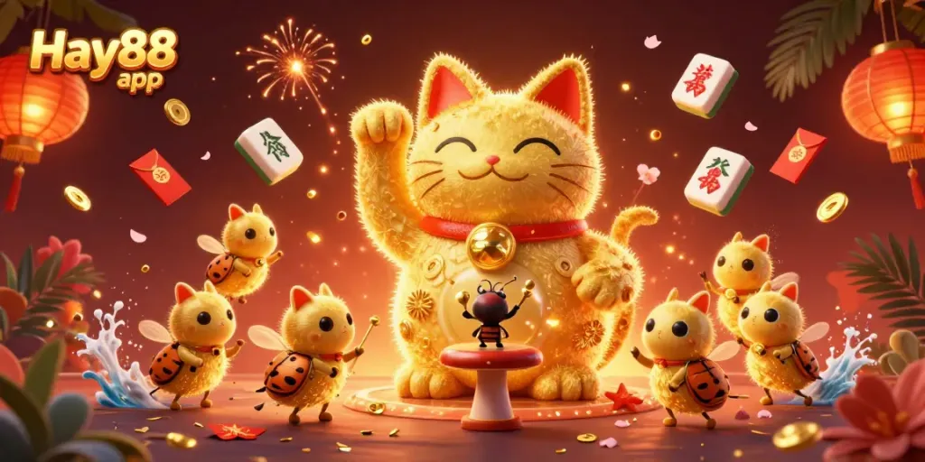 Experience the excitement of the Hay88 app with a vibrant 3D casino illustration featuring a lucky cat and cinematic elements.