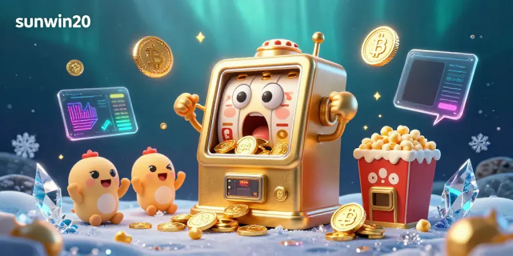 Experience the thrill of winning with sunwin20's animated golden slot machine surrounded by cheering baby slots and crypto elements.