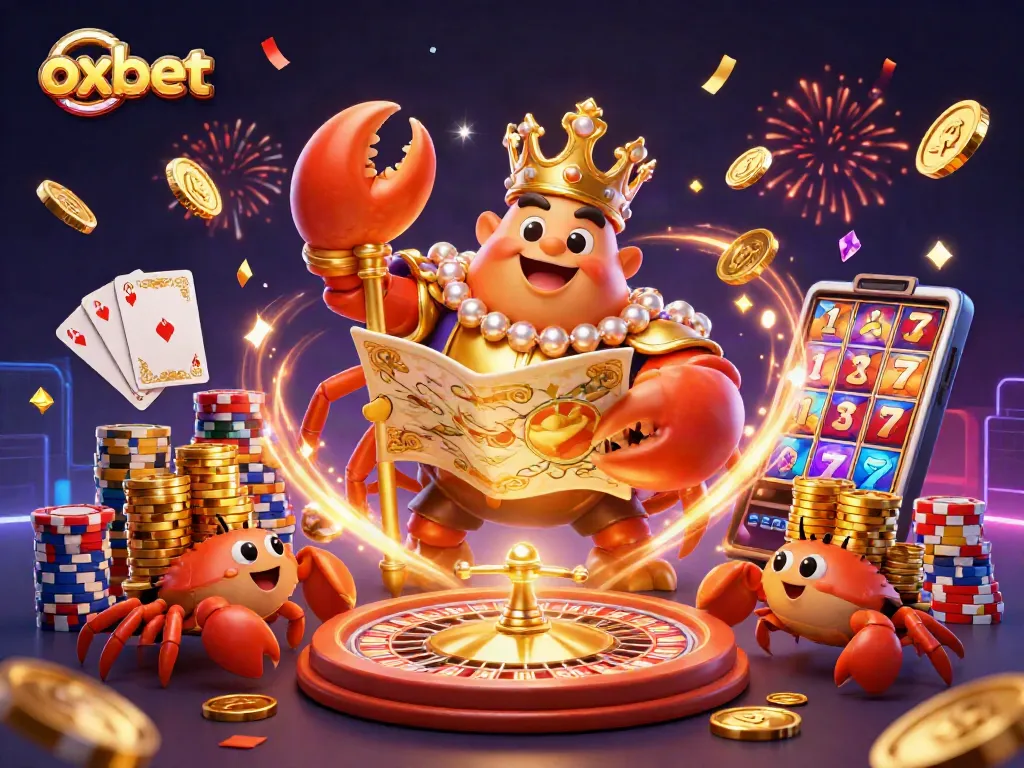 Spin and win at Oxbet casino with a vibrant scene of a golden crab emperor amidst casino excitement.