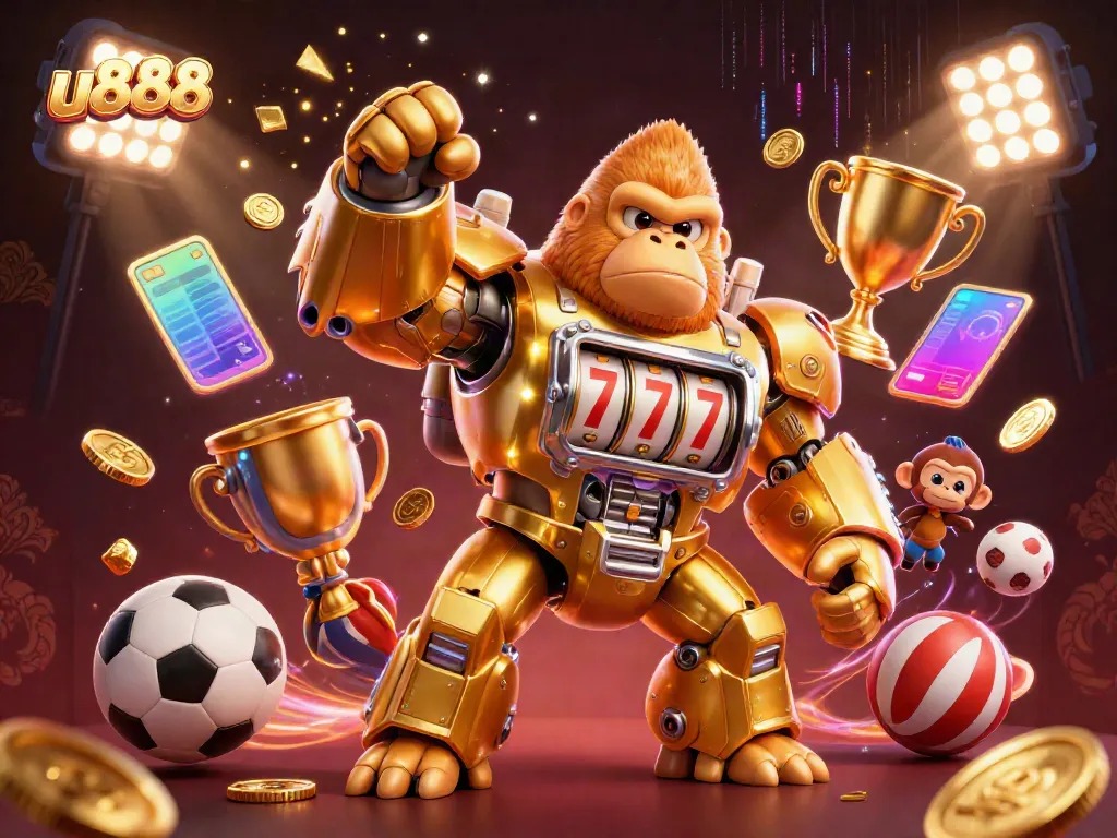 Experience thrilling action at u888 with a golden gorilla mech and dynamic sports elements.