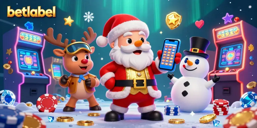 Spin the slots at BetLabel Casino with festive characters in a dazzling gaming atmosphere.