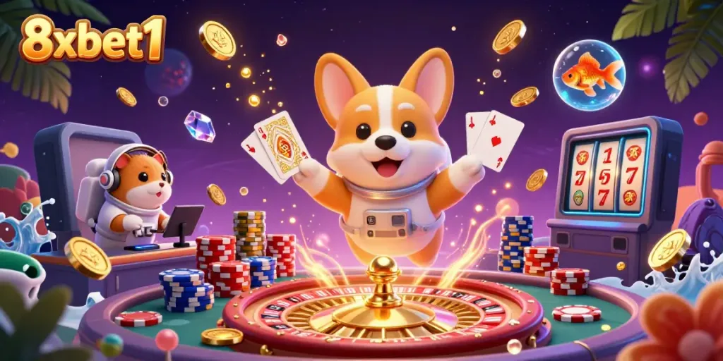 Experience thrilling gaming with 8xbet1, featuring a playful corgi in a space casino.