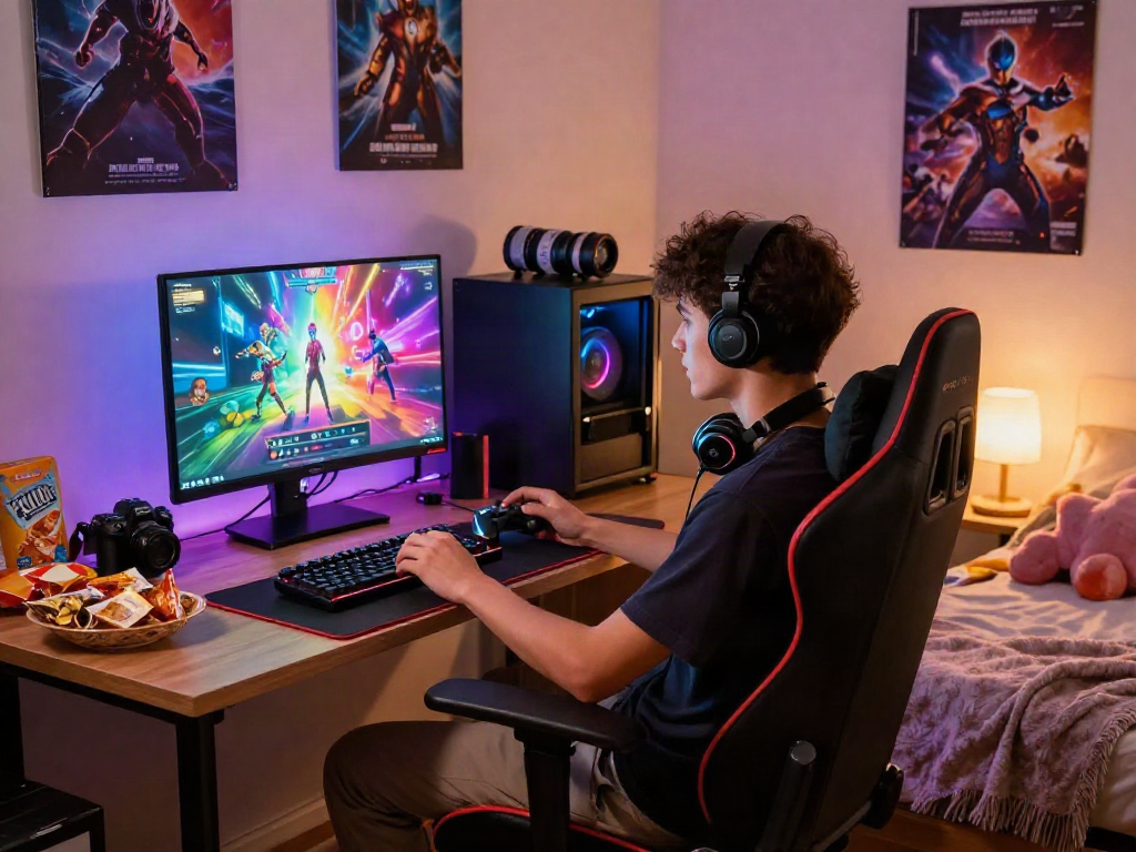Engaged gamer exploring porn games in a vibrant bedroom setup with modern gaming gear.