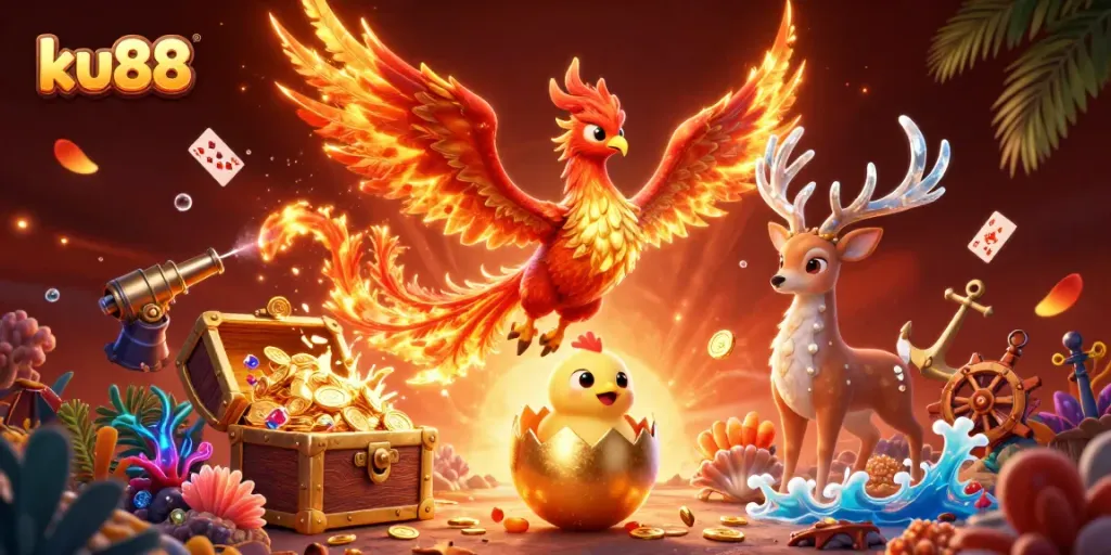 Engage with ku88's thrilling casino games in a vibrant and dynamic scene featuring fantastical creatures.