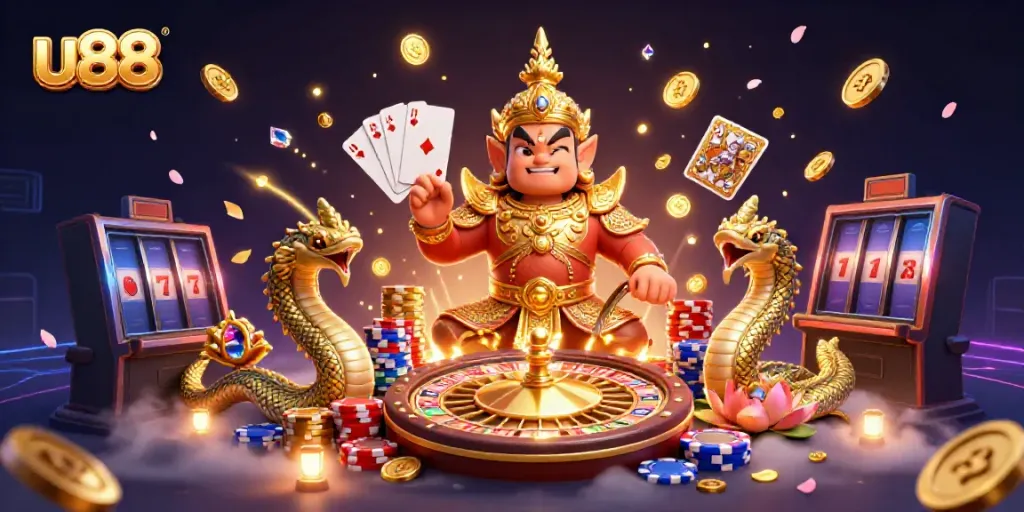 Experience the vibrant world of u88 with dynamic gaming characters and casino elements.