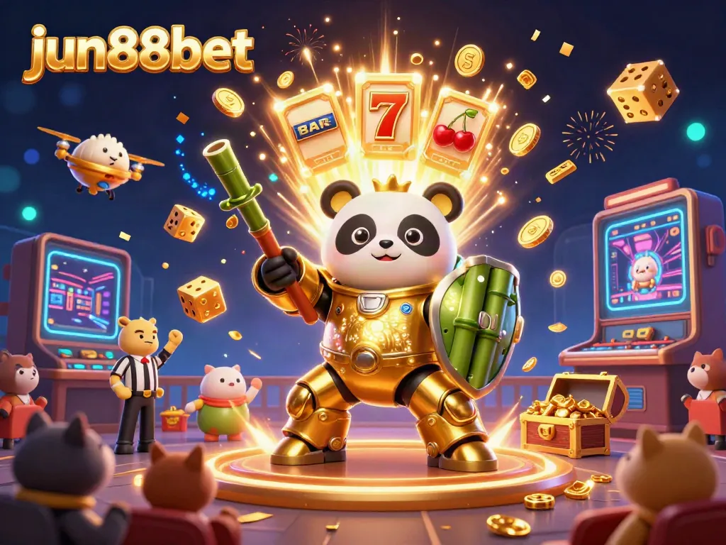 Experience the thrilling world of jun88bet with a mech-suit panda fighting robot amidst explosive casino excitement.