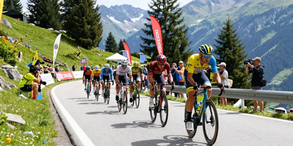 Ciclismo: corridori professionisti in gara su una salita panoramica, atmosfera di competizione e entusiasmo.