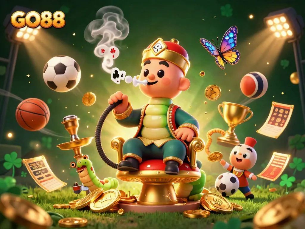 Experience the excitement of GO88 with a vibrant, dynamic casino scene featuring 3D characters and game elements.