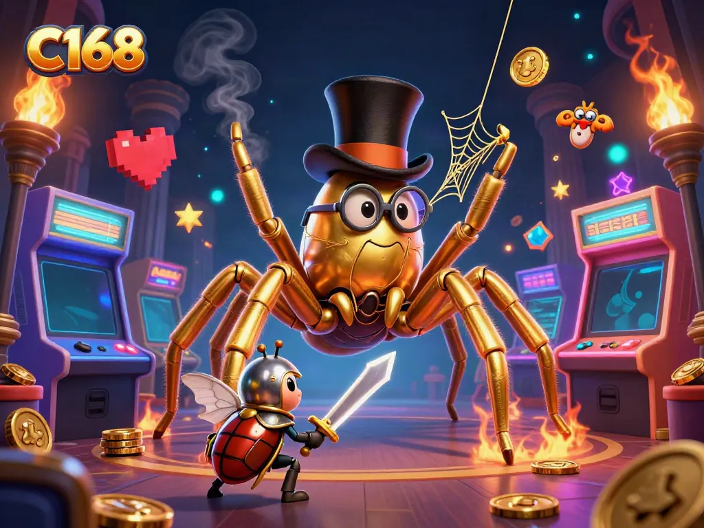 Experience thrilling moments at C168 with a giant tarantula and beetle knight in an enchanting casino scene.