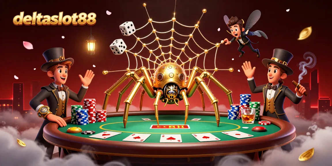 deltaslot88 catches unlucky dice in a web of fortune, showcasing vibrant casino elements