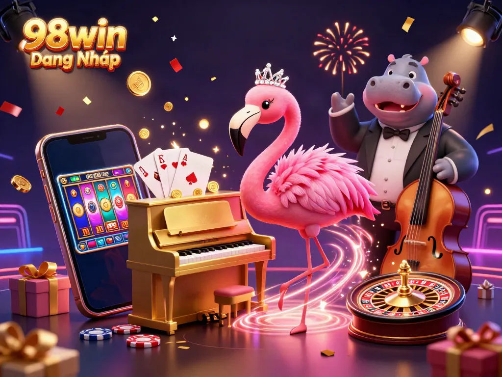 Engage in the excitement of 98win Đăng Nhập with vibrant casino scenes featuring lively characters and dynamic gaming elements.